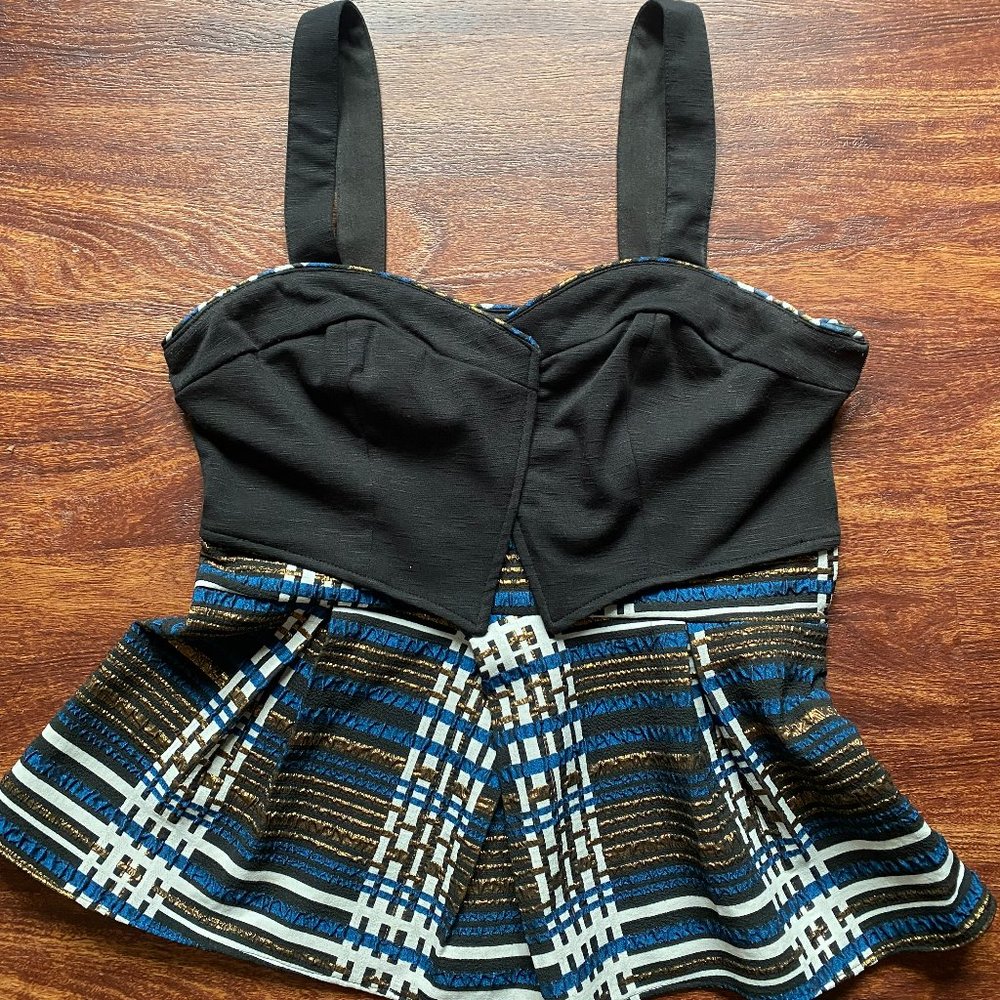 Anthropologie flirty black sweetheart neckline top with blue and gold skirt